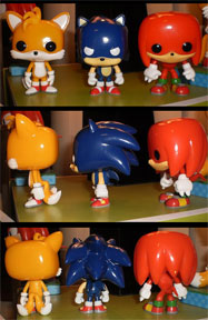 Sonic Funko pops side, front and back view